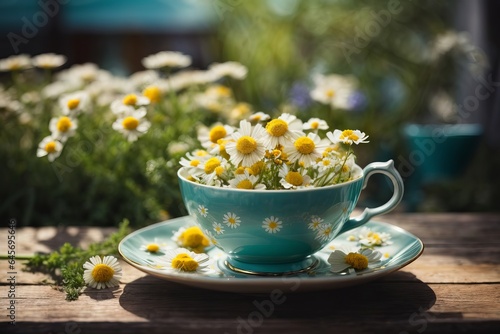 Spring - Chamomile Flowers In Teacup On Wooden Table In Garden