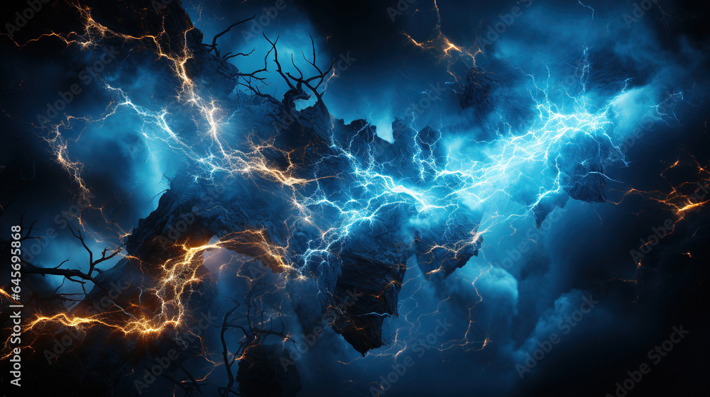 Powerful Lightning Strikes Against the Dark Cloudy Sky Thunder Storm - obrazy, fototapety, plakaty 
