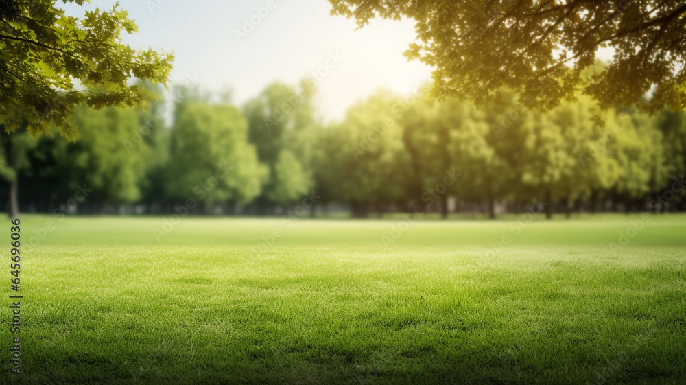 Green lawn and trees background with copyspace. Nature background concept. Generative AI