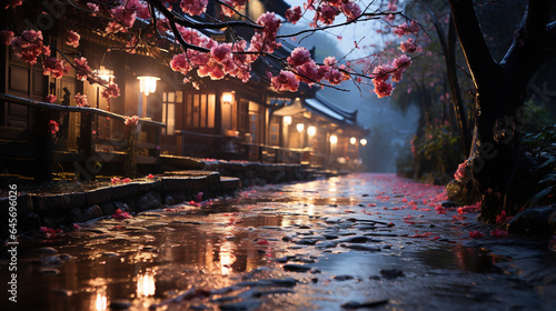 Old Chinese Style House Beside The Path Peach Blossom Couplet Tree Red Petals Flying and Petal-Covered Path