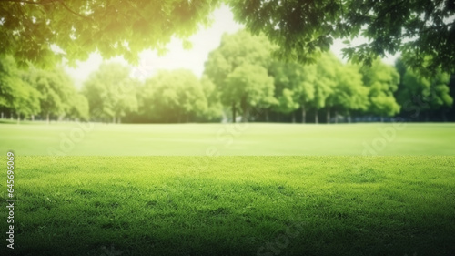 Green lawn and trees background with copyspace. Nature background concept. Generative AI