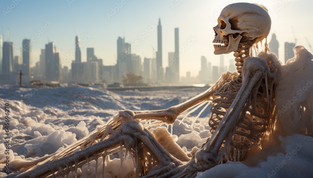 An ice age on a planetary scale, a frozen human skeleton against the backdrop of skyscrapers, a consequence of a nuclear war. Created in AI. - obrazy, fototapety, plakaty 