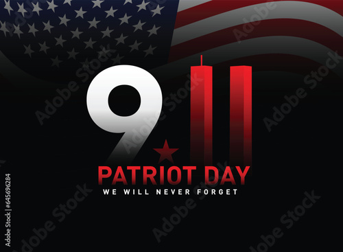 USA Patriot Day 9.11 Never Forget September 11, 2001 vector conceptual illustration. Patriot Day USA poster or banner. Black background, red, blue colors