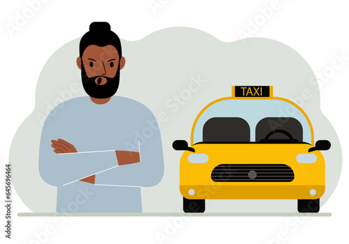 A man with his arms crossed near a yellow taxi car. Vector