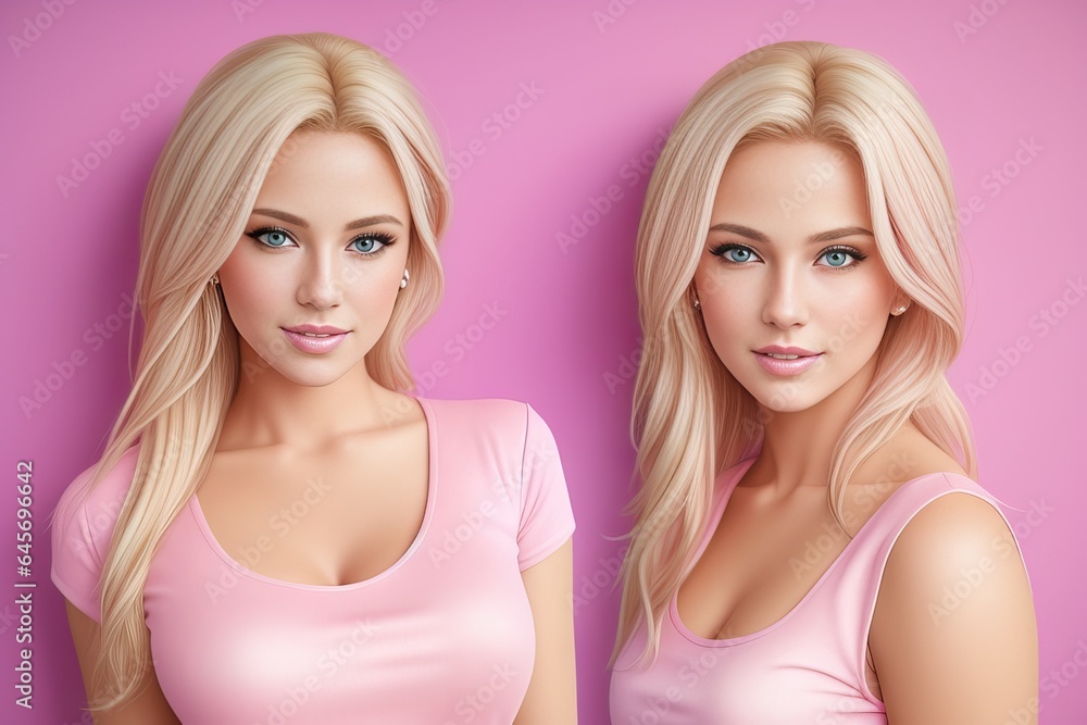 Two young beautiful smiling hipster female in trendy summer pink top clothes. Sexy carefree women posing on rose-colored background. Youth and healthcare concept. Generative AI