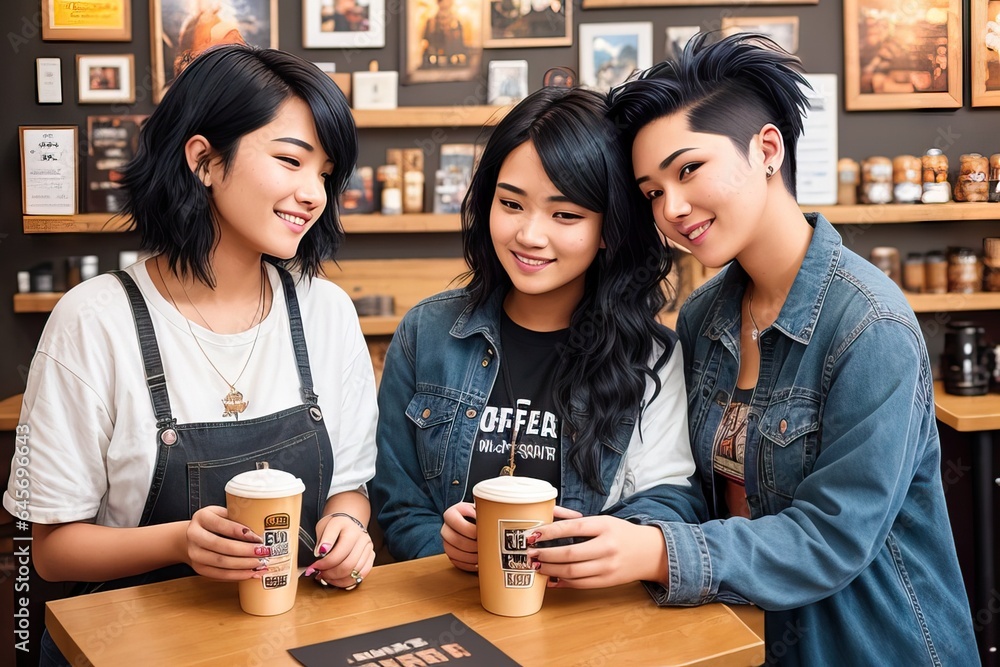 Young blonde woman in conversation with best friend while sipping cup of capuccino. Three beautiful women drinking coffee and talking. Girls in coffee shop. Friends meeting for coffee. Generative AI Young blonde woman in conversation with best friend while sipping cup of capuccino. Three beautiful women drinking coffee and talking. Girls in coffee shop. Friends meeting for coffee. Generative AI