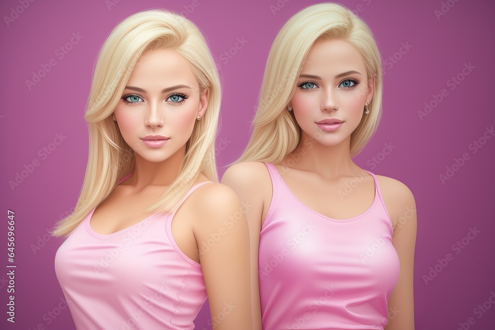 Two Beautiful sexy woman with blond hairs wear same pink top fashion catalog clothes casual street style model designer pink room background fall spring collection. Generative AI Two Beautiful sexy woman with blond hairs wear same pink top fashion catalog clothes casual street style model designer pink room background fall spring collection. Generative AI