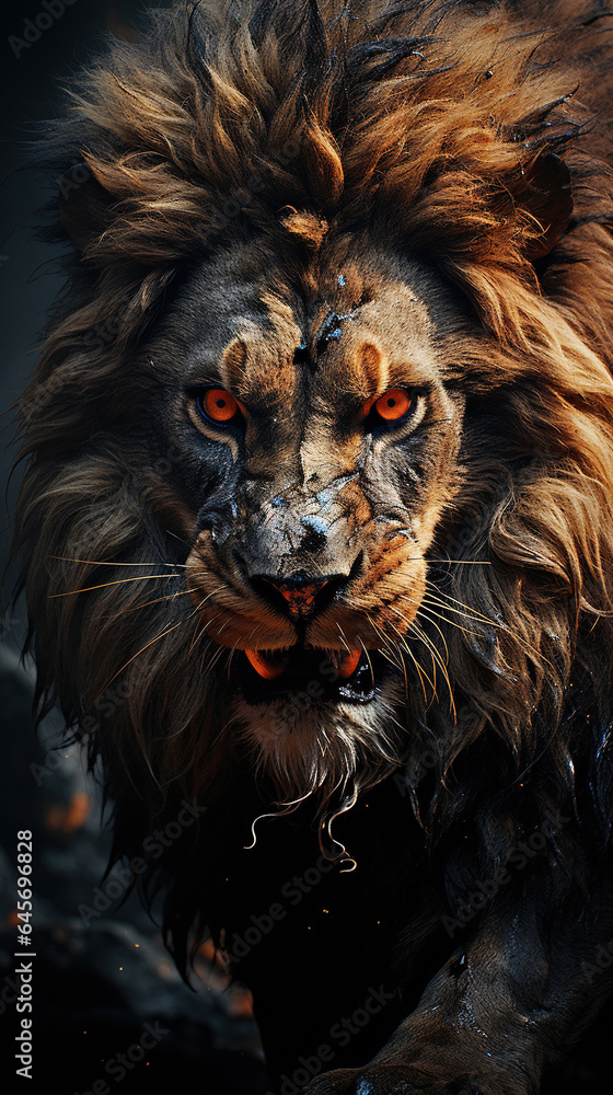 Naklejka premium A Big Fierce Male Lion Face Walking in Forest and Looking At Camera Selective Focus