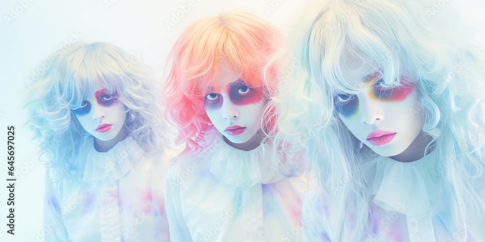 Naklejka premium Happy halloween. Girl Adult teenagers in costumes and makeup holiday happy halloween