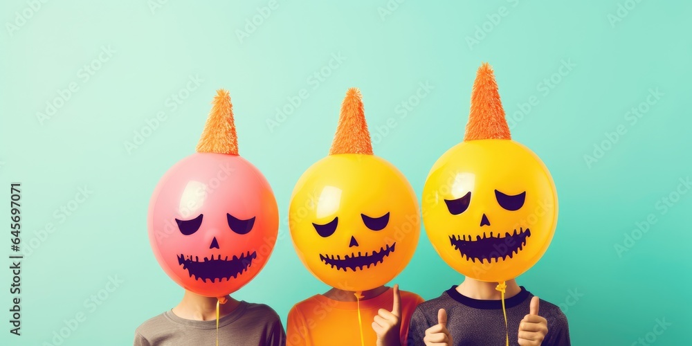 Obraz premium Happy halloween. Adult teenagers in costumes and makeup holiday happy halloween