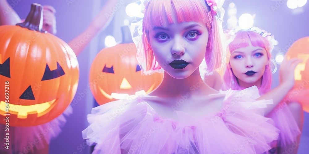 Naklejka premium Happy halloween. Girl Adult teenagers in costumes and makeup holiday happy halloween