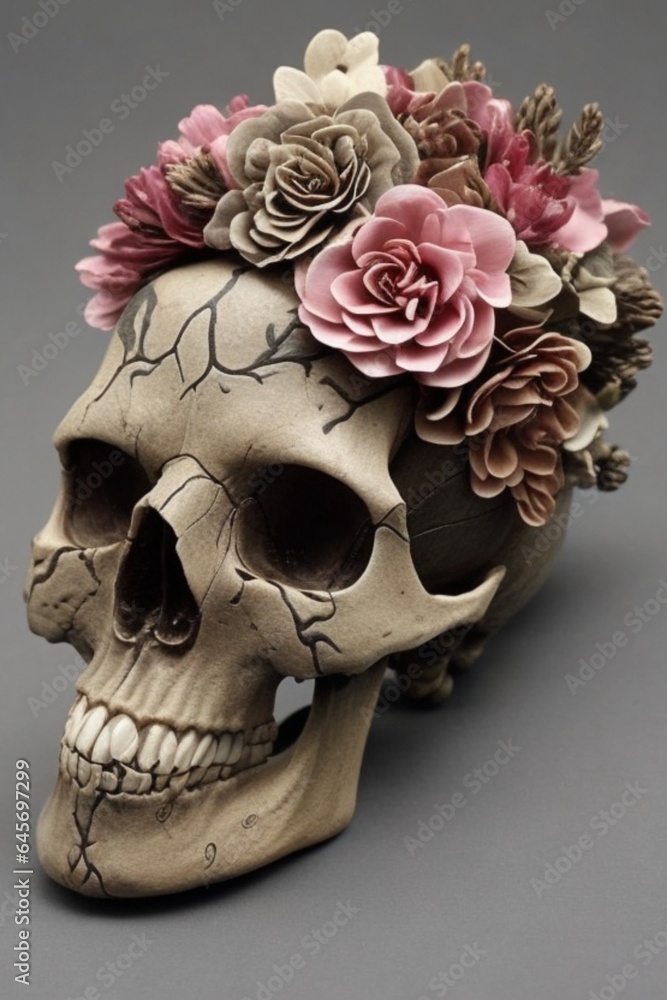 skull with flowers generative AI 