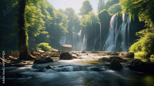 Low Angle View of A Beautiful Waterfall and Natural River Floating Through Cave and Mountains