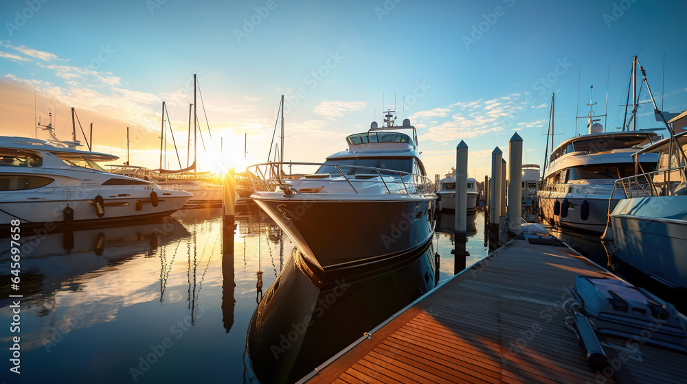 Luxury Yachts Docked in Sea Port Vell at Marine Parking of Modern Motor Boats - obrazy, fototapety, plakaty 