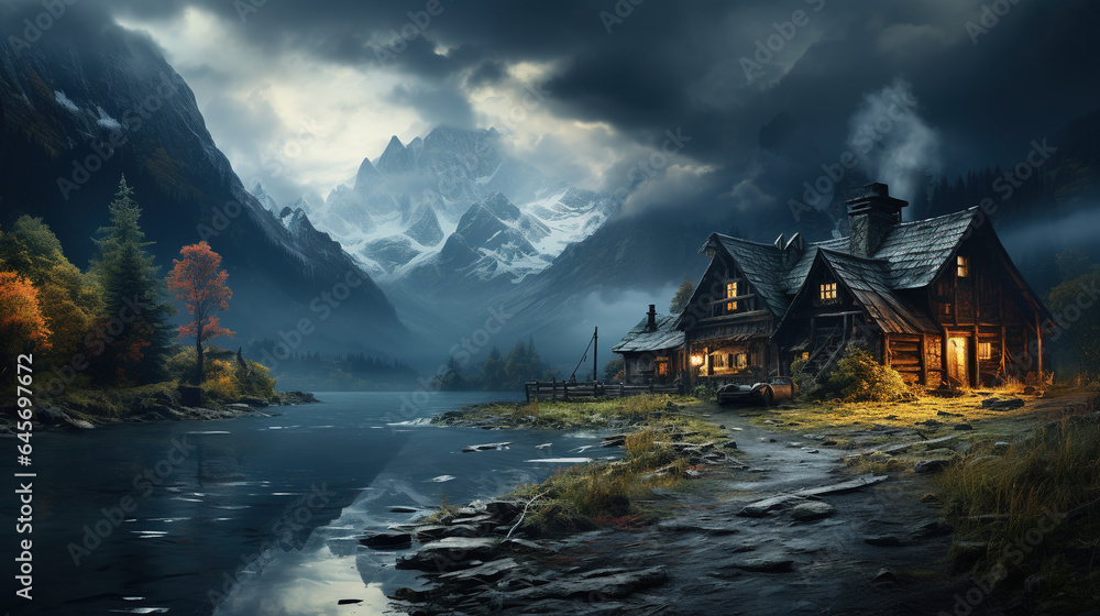 Fototapeta premium Small Cabin Under a Cloudy Sky in the Big Snow Mountains Spectacular Backdrops