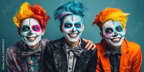 Happy halloween. Man Adult teenagers in costumes and makeup holiday happy halloween