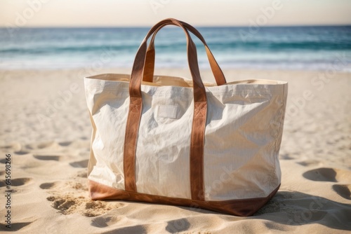 Bag canvas fabric with a view of the calm ocean. copy space