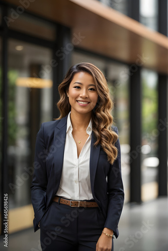 Young, confident corporate businesswoman stands smiling outside her office building. Image created using artificial intelligence.