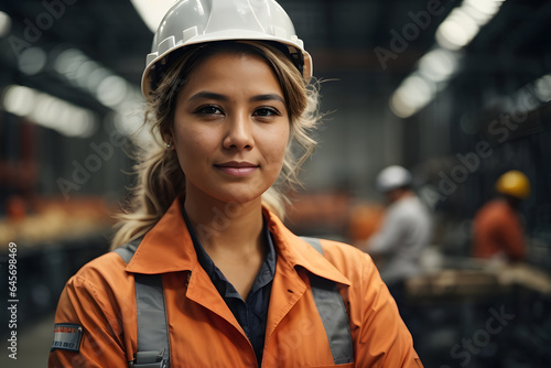 Closeup of a confident engineer female factory worker with arms crossed. Image created using artificial intelligence.