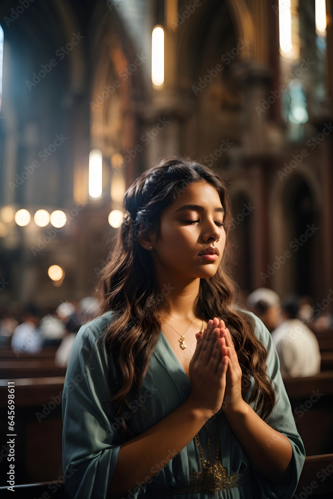 Young woman praying to god in church. Faith in religion and belief in God. Image created using artificial intelligence.