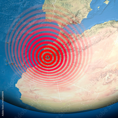 Earthquake map in Morocco, Atlas Mountains, shake, elements of this image are furnished by NASA. Land struck by a strong earthquake magnitude. 3d rendering photo