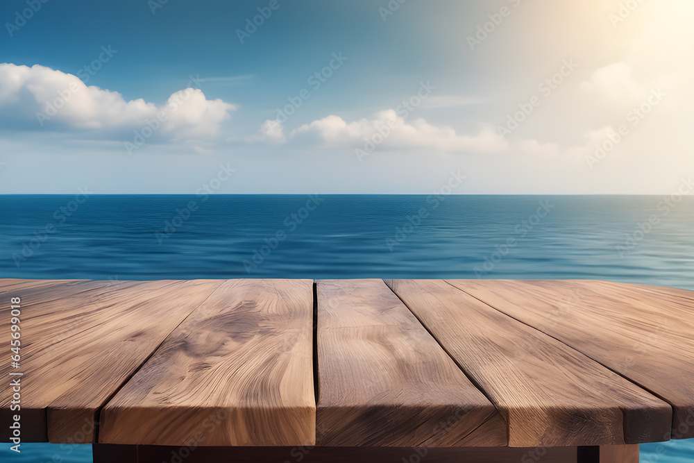 a Wooden table on the background of the sea, island and the blue sky