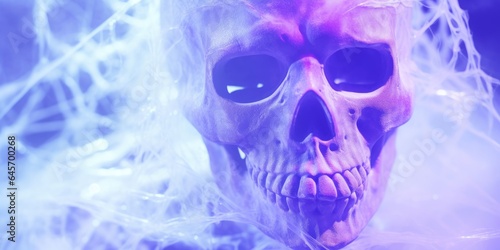Skull lilac background for Halloween. Skeleton head scary evil