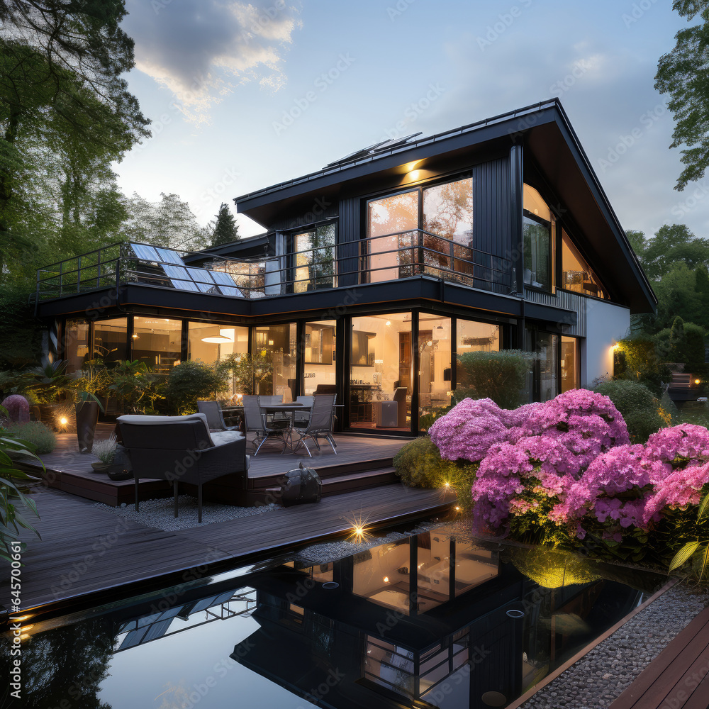 new ecological house with terrace and hydrangeas plants