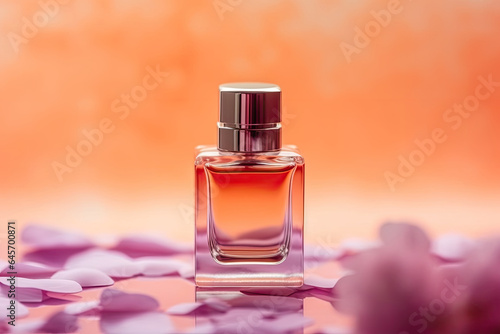 Pink perfume bottle on flower petals background 