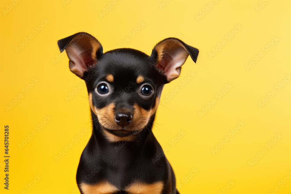 cute little miniature pinscher dog puppy on yellowbackground cute little miniature pinscher dog puppy on yellowbackground