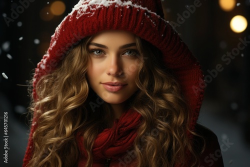 portrait of a young attractive girl in a New Year's red cap