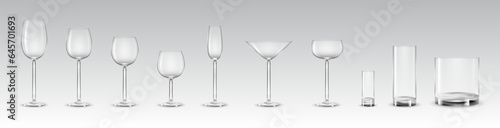Wine glass. Alcohol beverage cup. Empty champagne or cocktail goblet. Transparent drink glassware. Crystal wineglass. Realistic martini or margarita mug. Bar stemware. Vector isolated set