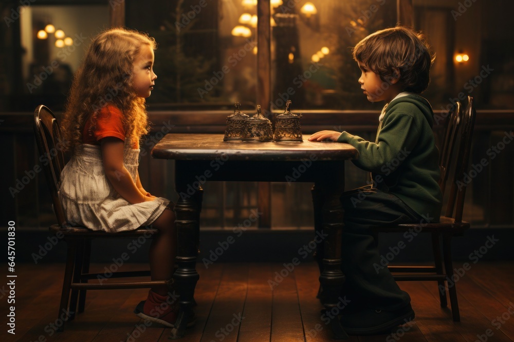a boy and a girl sit at the table opposite each other and look into their eyes