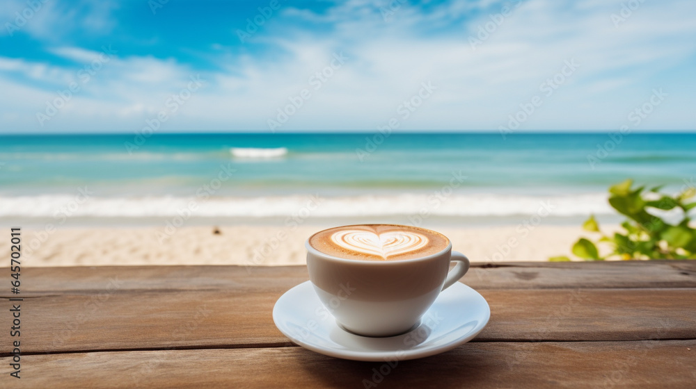 Cup of cappuccino coffee on table with tropical summer sea beach background, Seashore with beautiful view on ocean, AI Generated - obrazy, fototapety, plakaty 
