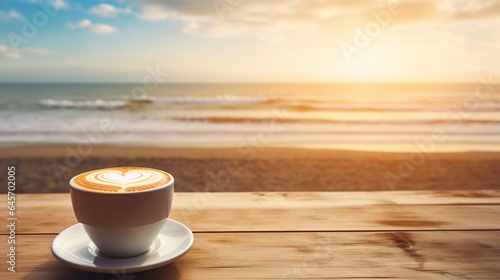 Cup of cappuccino coffee on table with tropical summer sea beach background, Seashore with beautiful view on ocean, AI Generated