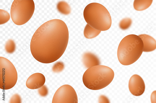 Flying chicken eggs, isolated on white background. Falling tasty eggs in the brown shell. Selective focus Can be used for advertising, packaging, banner, poster, print. Realistic 3d vector