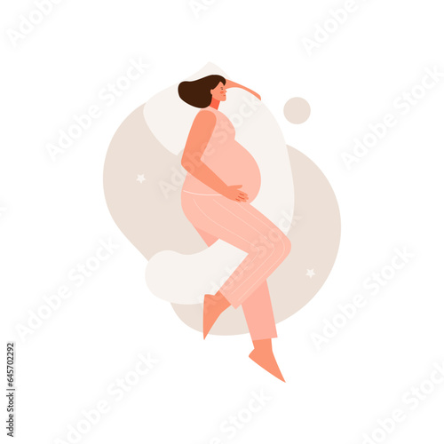 Sleeping pregnant woman on pillows. Taking care of the health of the expectant mother vector illustration