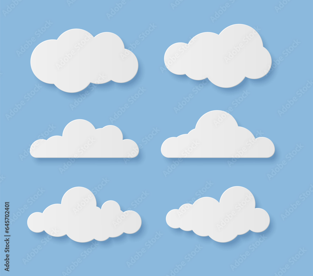 Clouds. Cartoon rainy sky elements with shadows. White paper cut decorative cloudy forms. Fluffy shapes on blue background. Weather forecast or computing sign. Vector heaven symbol
