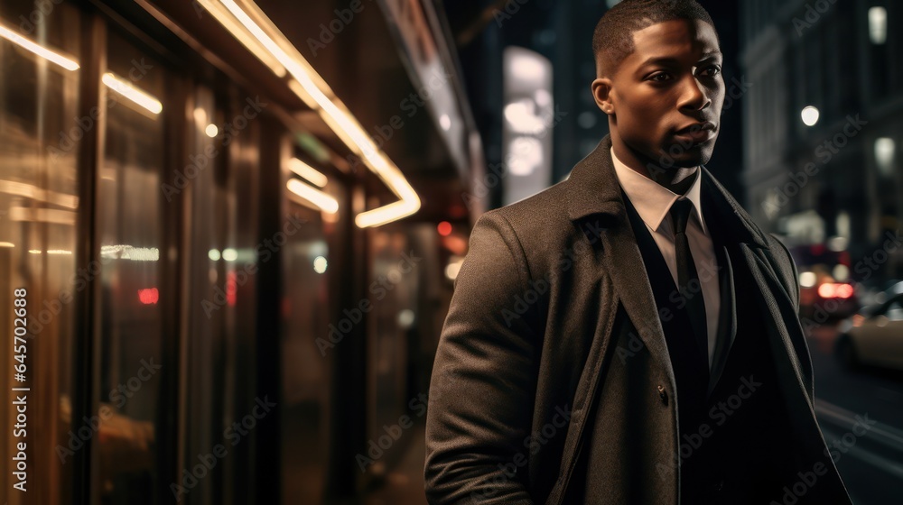handsome elegant black man in city photoshoot, urban fashion, bold contrast with bokeh background, generative ai, 