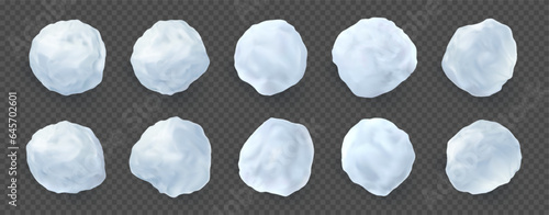 Snowballs. Realistic snow balls, winter white splash for christmas game, frost snow fight. Christmas holidays decor. Frozen snowflakes. Vector illustration isolated on transparent background