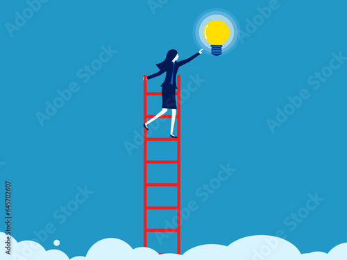 Knowledge in professional development. Businesswoman climbs a ladder to grab a light bulb vector