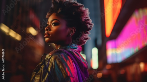 beautiful black woman with afro hair in city photoshoot, urban fashion, bold contrast with bokeh background, generative ai, 