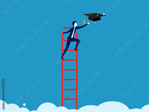 School or university fees are expensive. Businessman climbs up and grabs a high graduation cap on the cloud vector