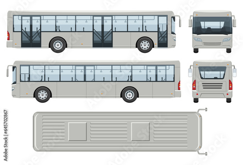 Shuttle bus vector template with simple colors without gradients and effects. View from side, front, back, and top