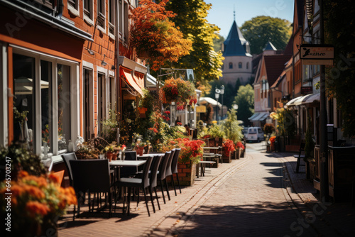 European city street with yellow red leaves flowers