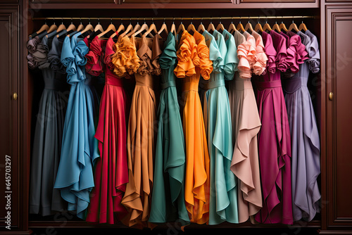 Many ballgown dresses in wardrobe