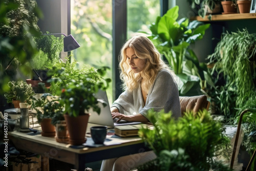 Woman at workplace near window with many green plants