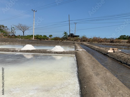 view of salt production on the seafront photo