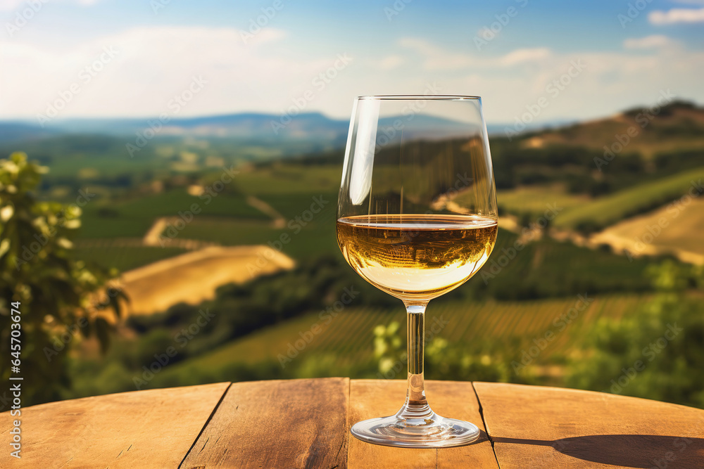 One glass of white wine and green landscape view, product display