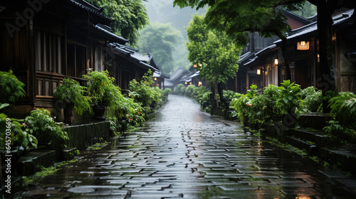 Misty and Rainy a Beautiful Stone Paved Path Leads to a Small Village the Path is Completely Soaked by Rain